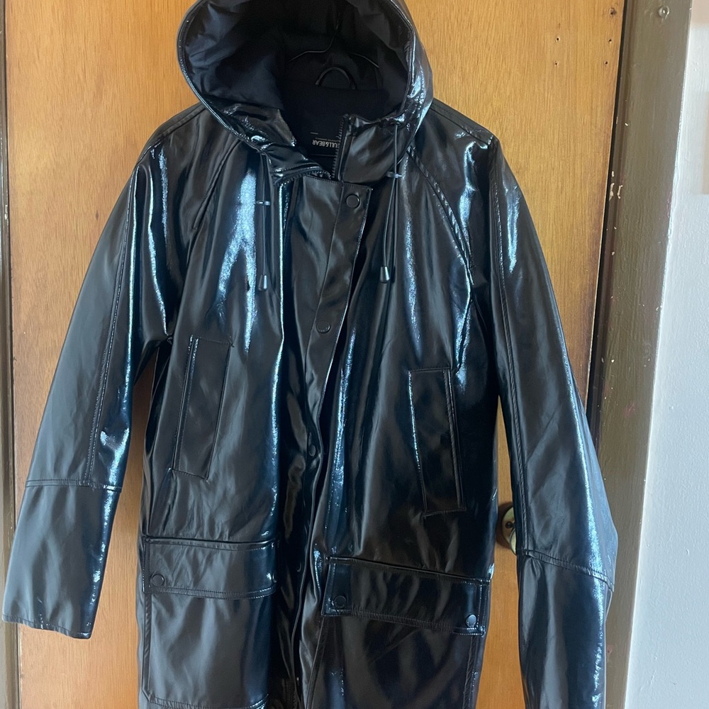 Pull&Bear Shiny Black Hooded Raincoat